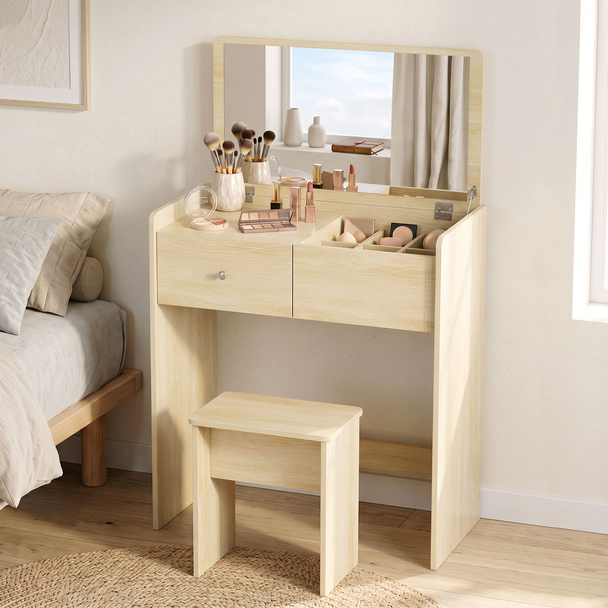 Schreibtisch-Schminktisch 2-in-1 mit klappbarem Spiegel und Hocker, Schminktisch mit Schublade und 6 Fächern, Eiche