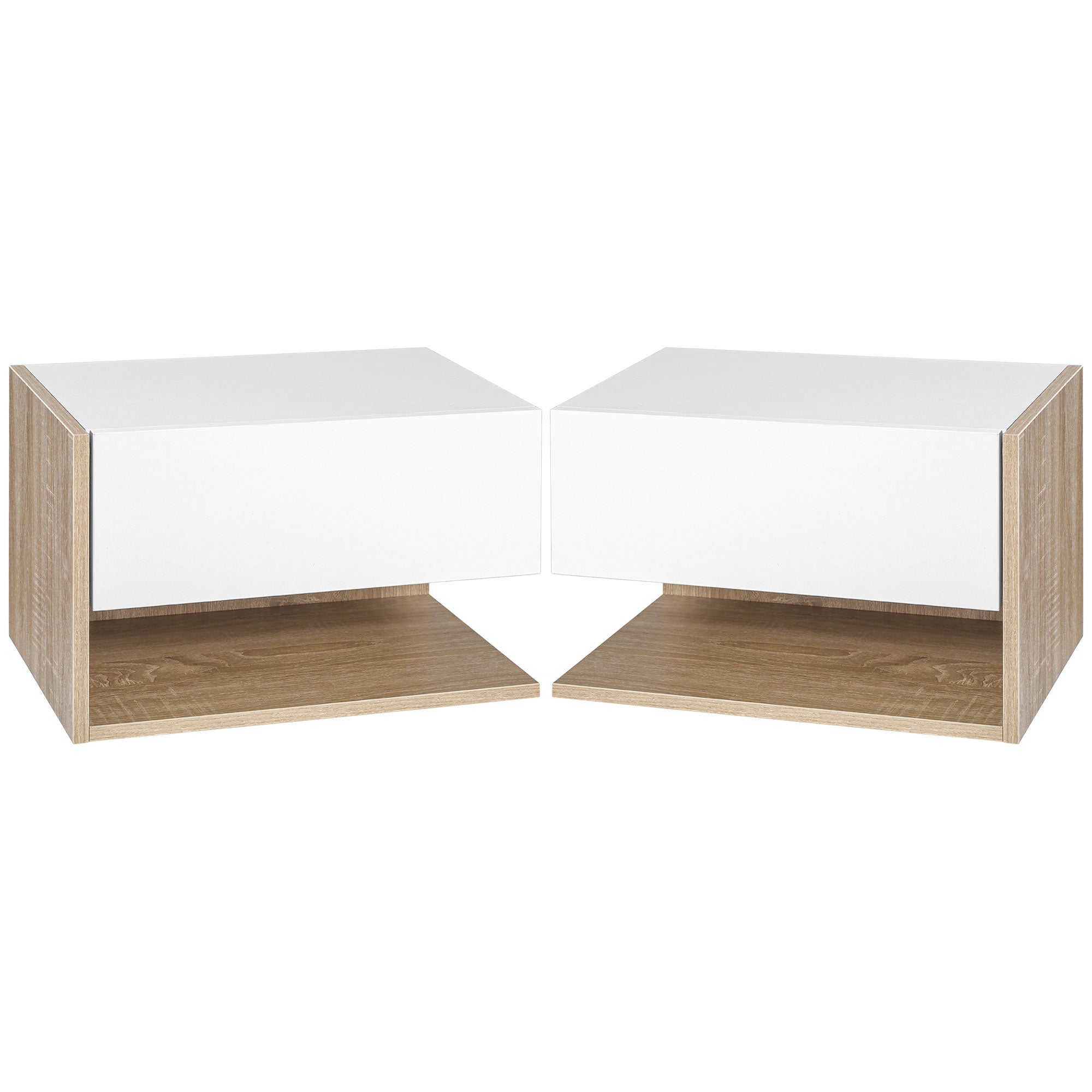 Lot de 2 Tables de Chevet murales - Lot de 2 Tables de Nuit - tiroir Coulissant, étagère, Bicolore Aspect chêne Blanc