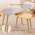 Lot de 2 tables basses gigognes design scandinave pieds en bois et plateau en bois, gris et jaune