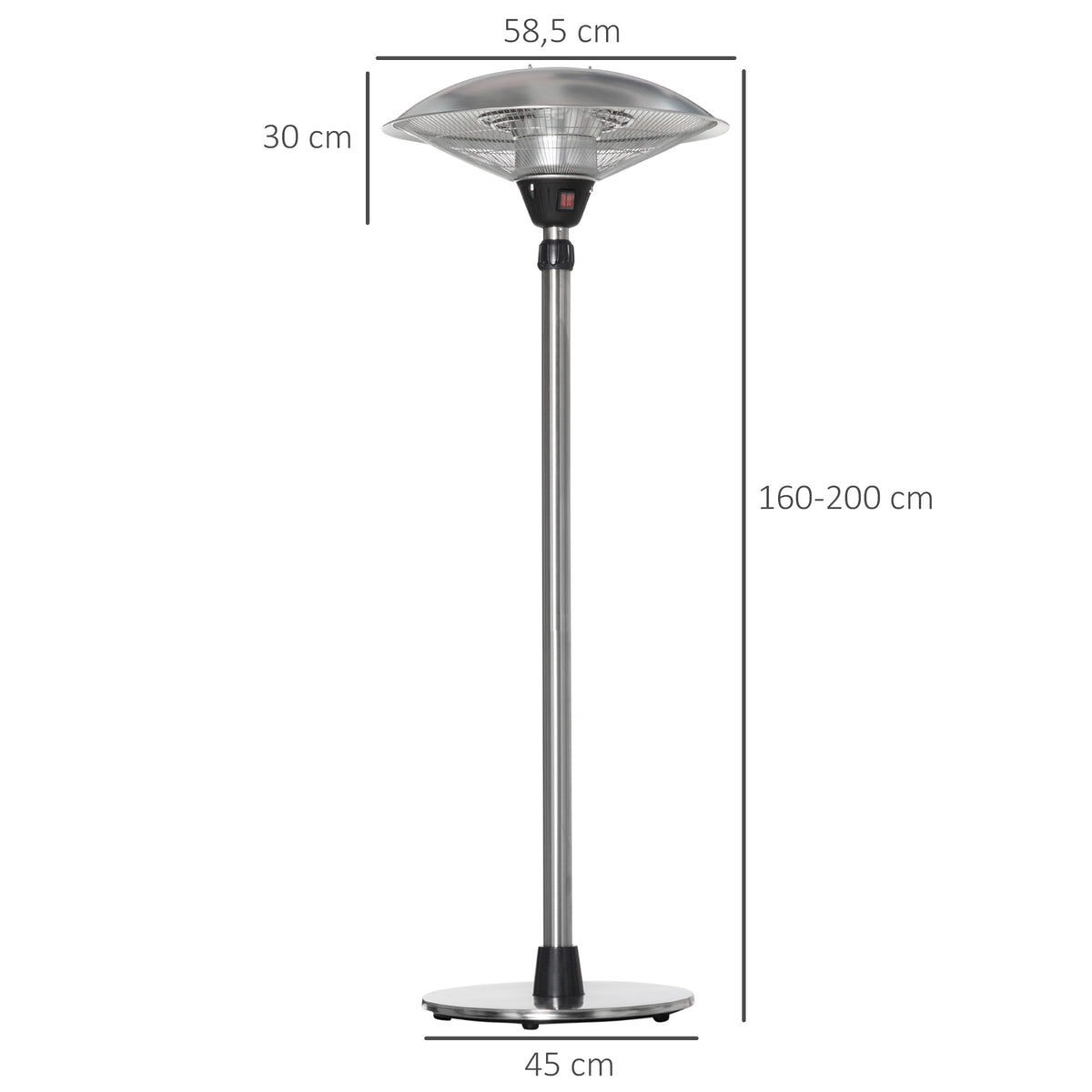 Parasol chauffant électrique 3000W chauffage d'appoint sans CO₂ 13 m² et IP44 - chauffage infrarouge sur pied 3 puissances de chauffe - hauteur réglable de 160 à 200 cm acier inox. argent