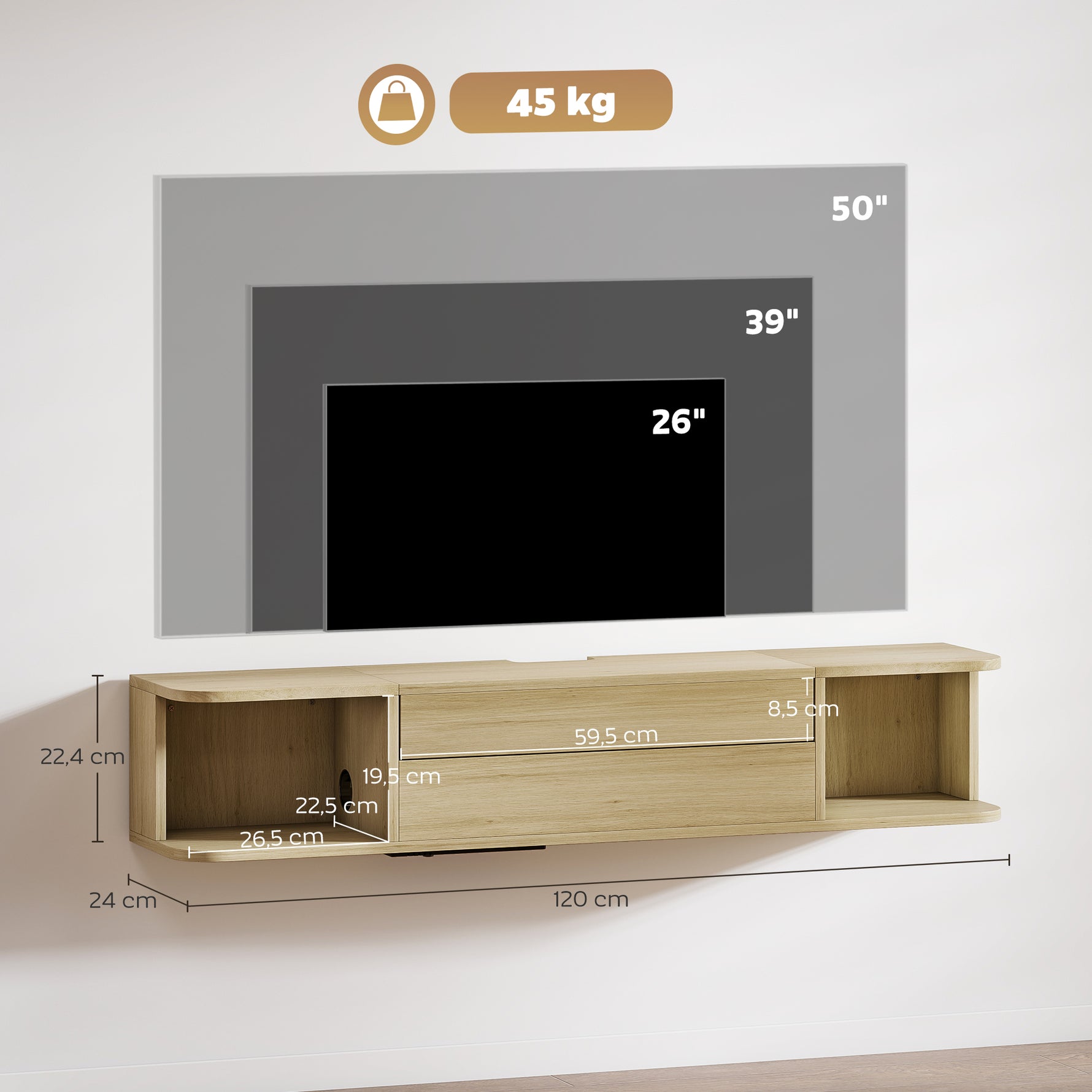 Meuble TV suspendu meuble télé pour téléviseur 50 pouces tiroir étagères passe-câbles 120x24x22,4cm effet bois naturel