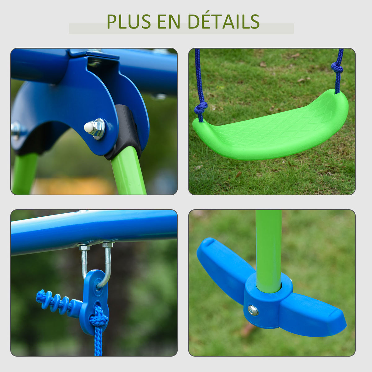 Balançoire portique pour enfant 3 en 1 avec 1 balançoire face à face et 2 sièges de balancelle, balançoire enfant extérieur cadre en A métal, hauteur réglable, charge 180kg, 3+ans, vert