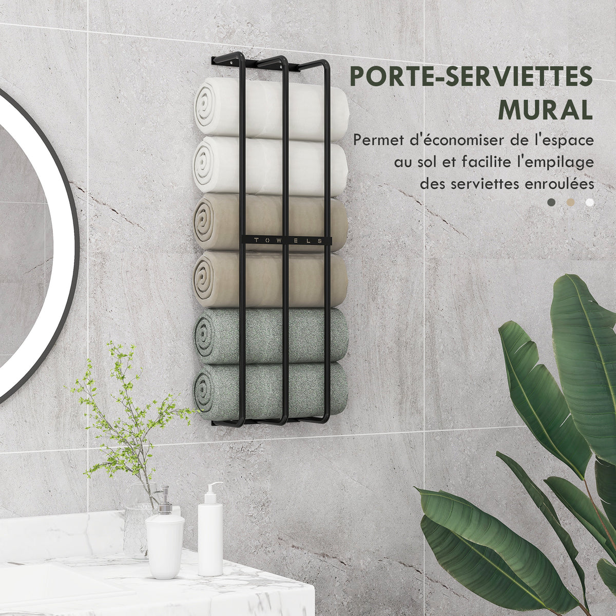 Porte serviettes mural 3 barres en métal noir - peut contenir jusqu'à 6 serviettes, dim. 21l x 12P x 74H cm