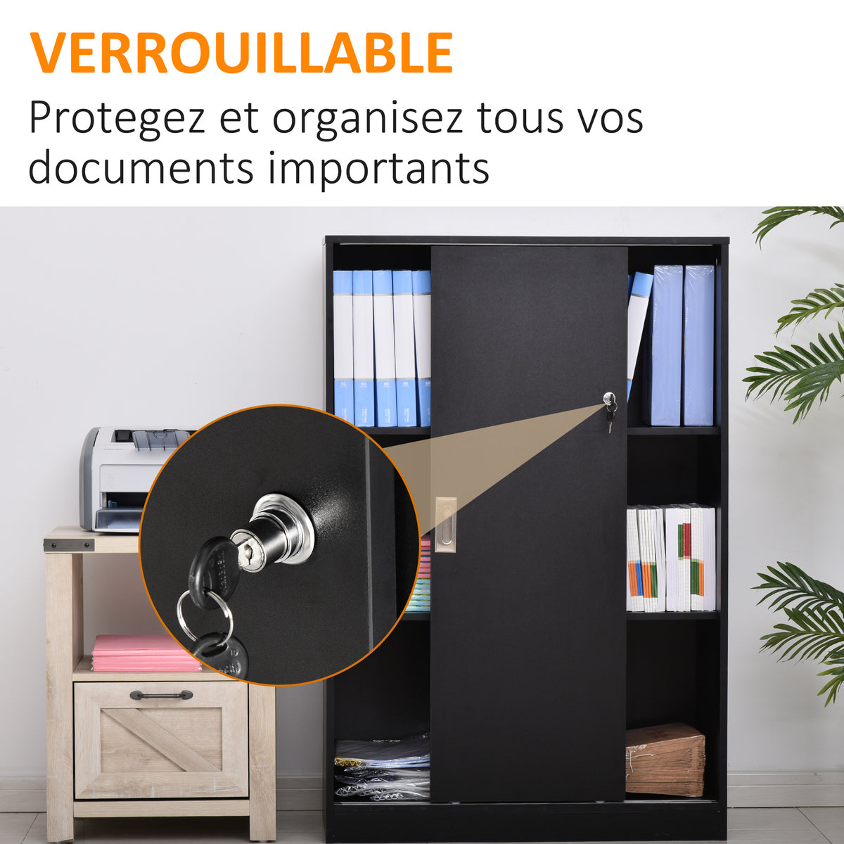 Armoire de Bureau 2 Portes coulissantes verrouillables dim. 80L x 40l x 120H cm 2 étagères Panneaux Particules Noir