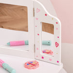 Coiffeuse Enfant avec Tabouret, Miroir triptyque et tiroir Coulissant - Coiffeuse dim. 63L x 40l x 85,5H cm