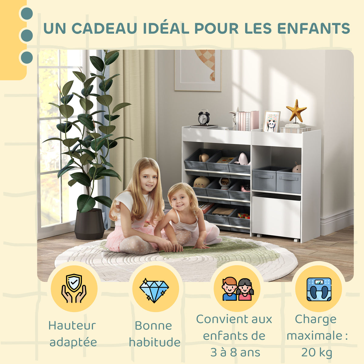 Étagère à jouets pour enfants étagère à livres 11 bacs de rangements en tissu non tissé 105 x 30 x 80 cm blanc