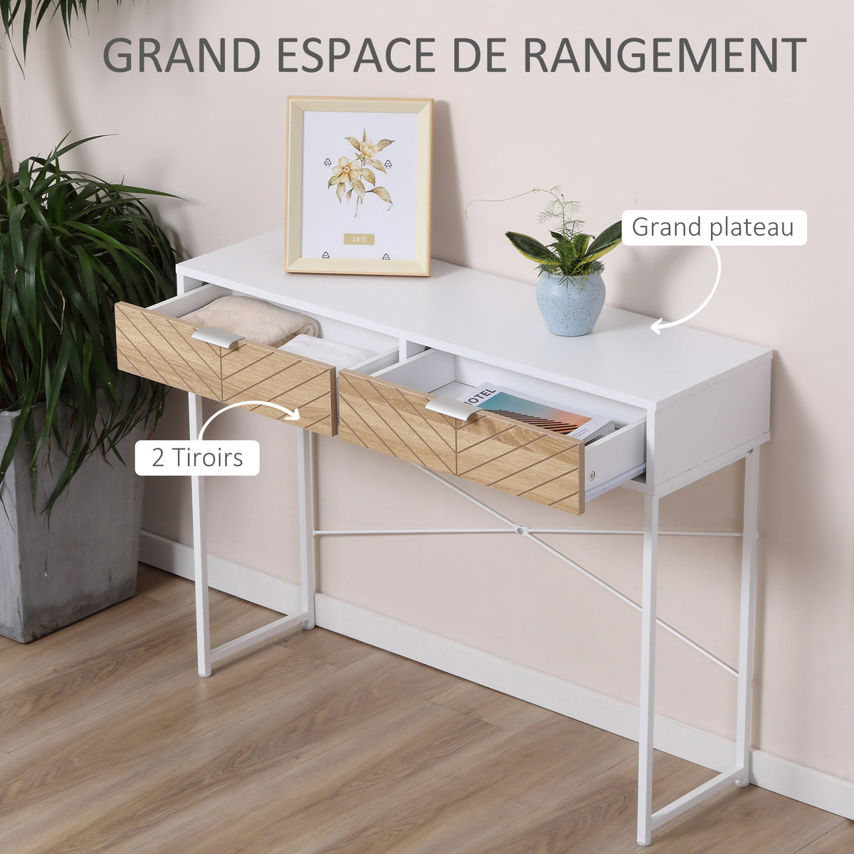 Table Console Industriel 2 tiroirs Aspect Bois de chêne sculpté Motif à Chevrons piètement métal Blanc