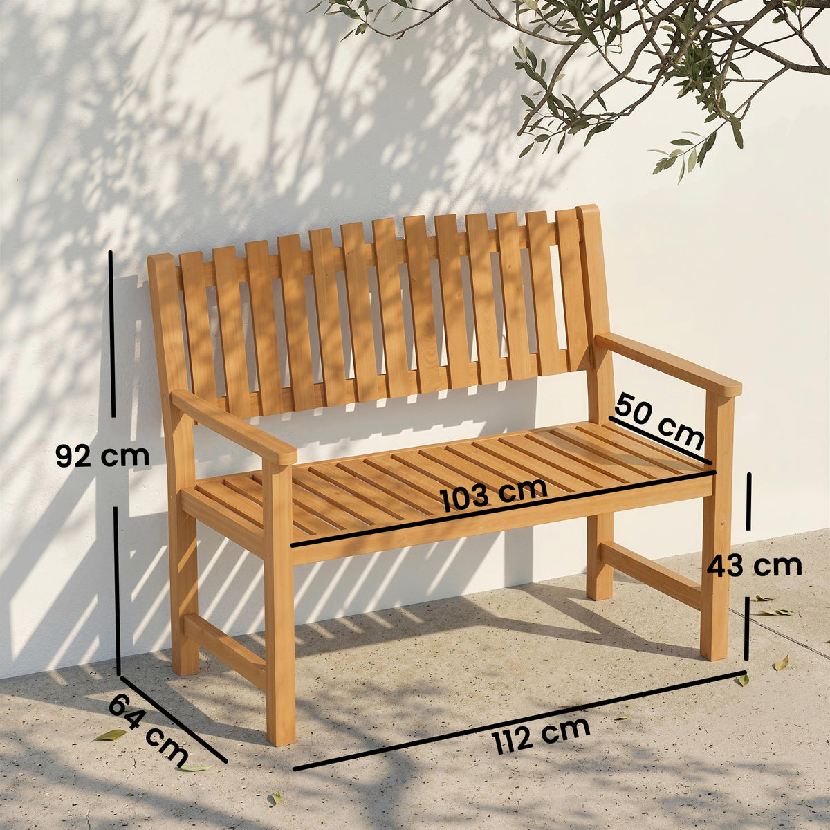 Banc de Jardin Banquette de Terrasse 2 Places Charge Max. 320kg Accoudoirs 112 x 64 x 92 cm Bois d'Acacia Naturel