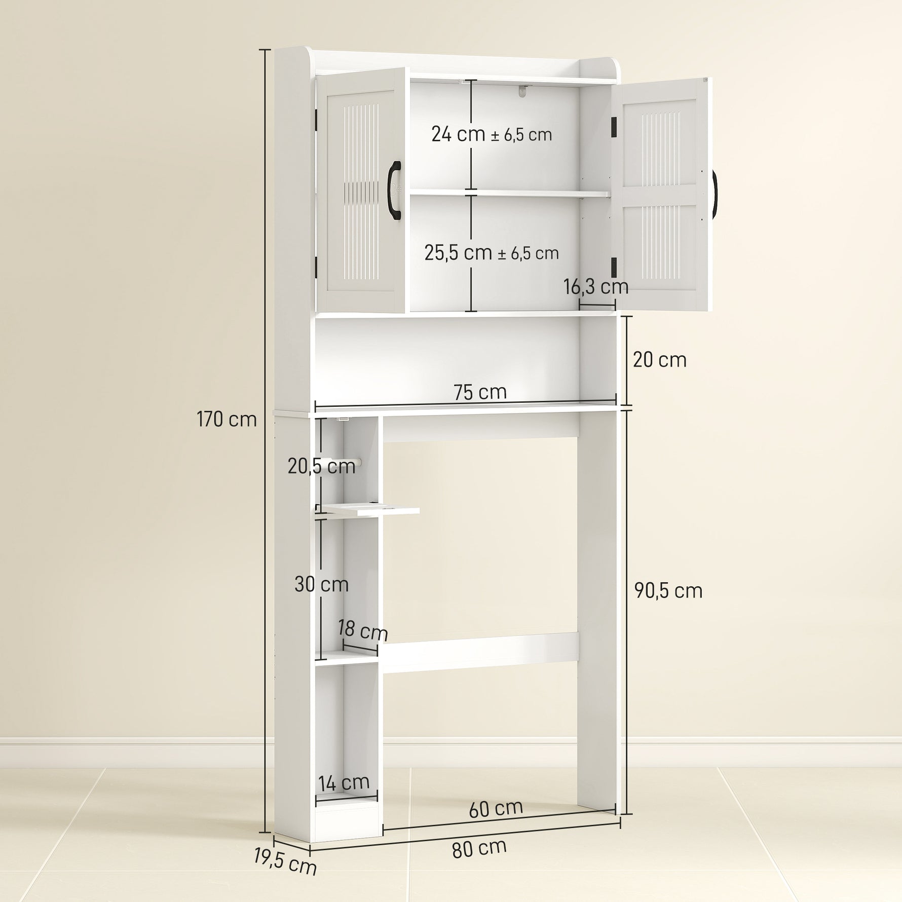 Meuble WC dessus de toilette meuble salle de bain avec placard à porte double et porte-papier 80x19,5x170cm blanc