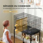 Cage à Oiseaux Volière Intérieur Acier avec Séparateur, 4 Perchoirs, Plateau Coulissant, 4 Mangeoires, 76x46x116cm, Noir