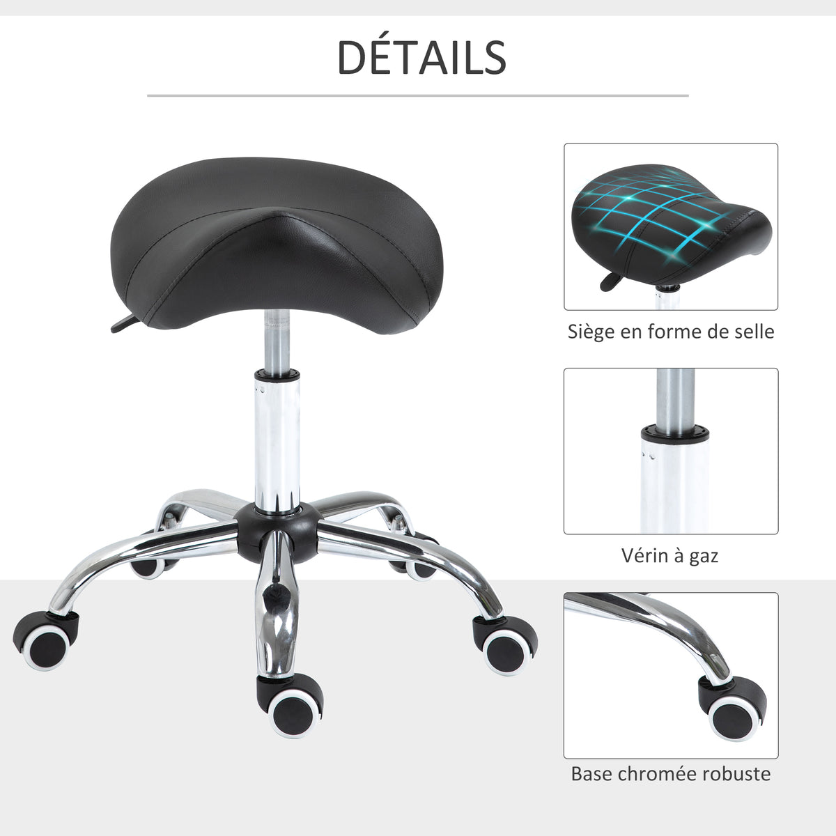 Tabouret à roulettes, tabouret de massage avec hauteur réglable 49-61 cm et selle ergonomique, chaise de travail à roulettes pivotant 360°, pour salon de massage tatouage clinique spa, noir