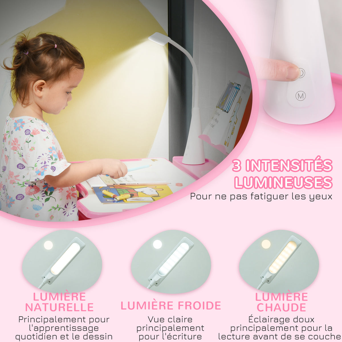 Ensemble chaise et bureau pour enfants avec lampe LED hauteur réglable plateau incliné support de lecture rose