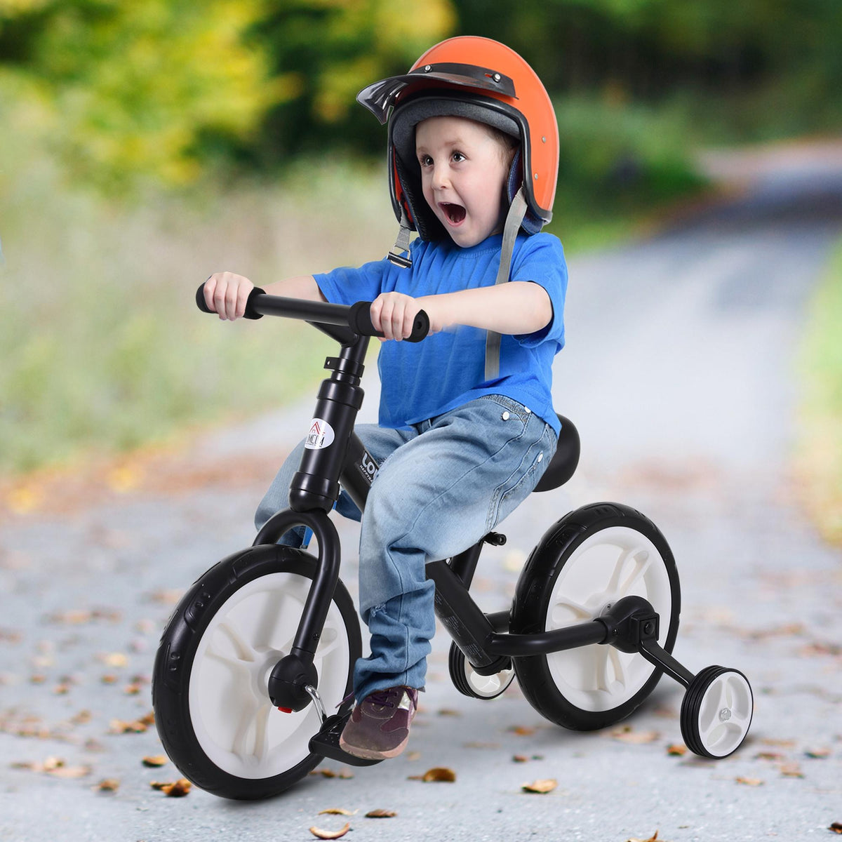 Bicicletta per bambini 2 in 1, balance bike con rotelle e pedali rimovibili, ruote da 12", altezza sella regolabile per bambini dai 2 ai 5 anni, acciaio, nero