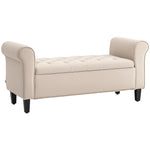 Banc de rangement bout de lit avec accoudoirs, tissu effet velours rembourré et capitonné, 126 x 48,5 x 57 cm, beige