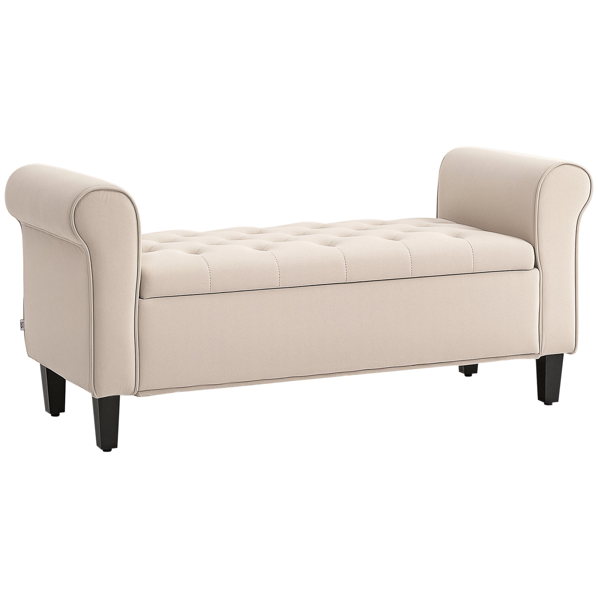 Banc de rangement bout de lit avec accoudoirs, tissu effet velours rembourré et capitonné, 126 x 48,5 x 57 cm, beige