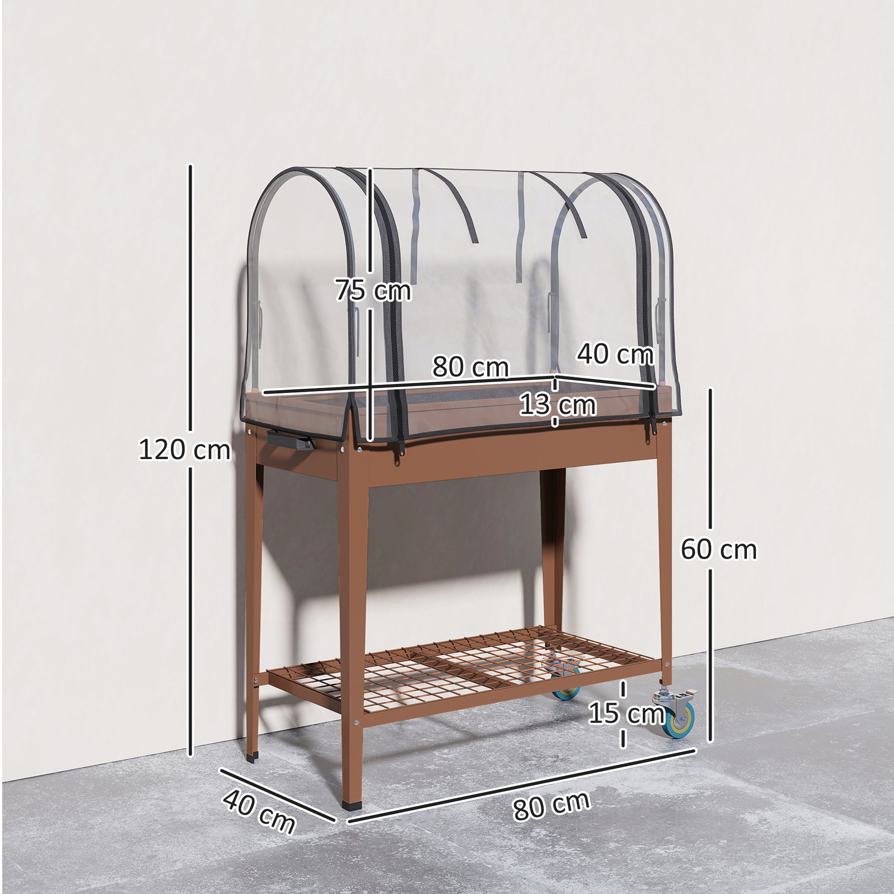 Jardinière surélevée avec bâche transparente, 2 roulettes et 1 étagère inférieure, dim. 80L x 40l x 120H cm