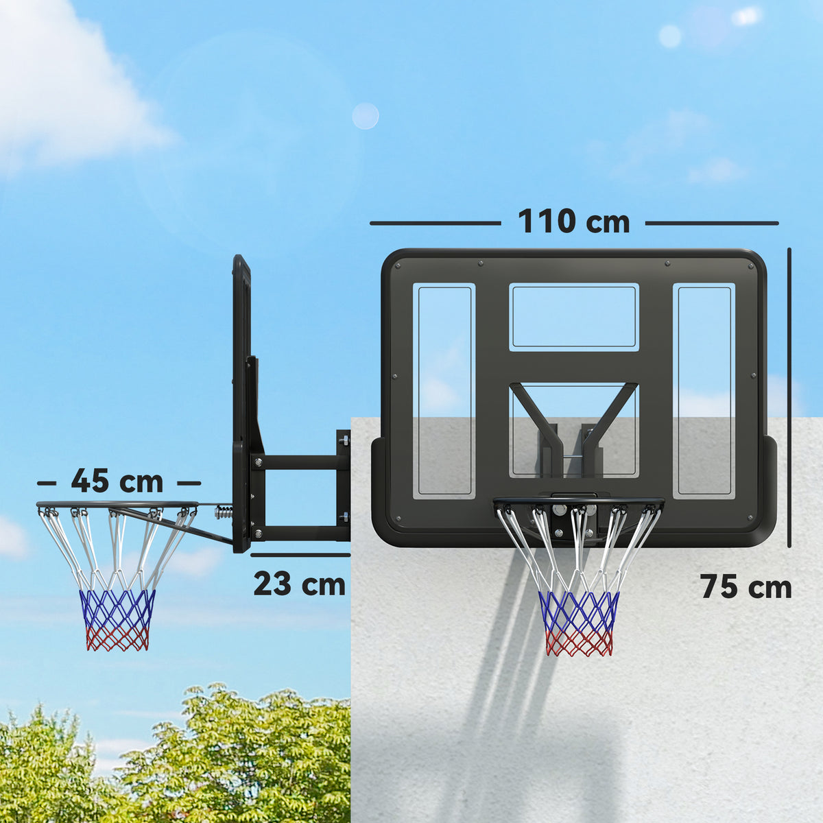 Panier de basket mural panier basket avec panneau incassable cerceau en acier et filet indéchirable 110L x 75H cm noir