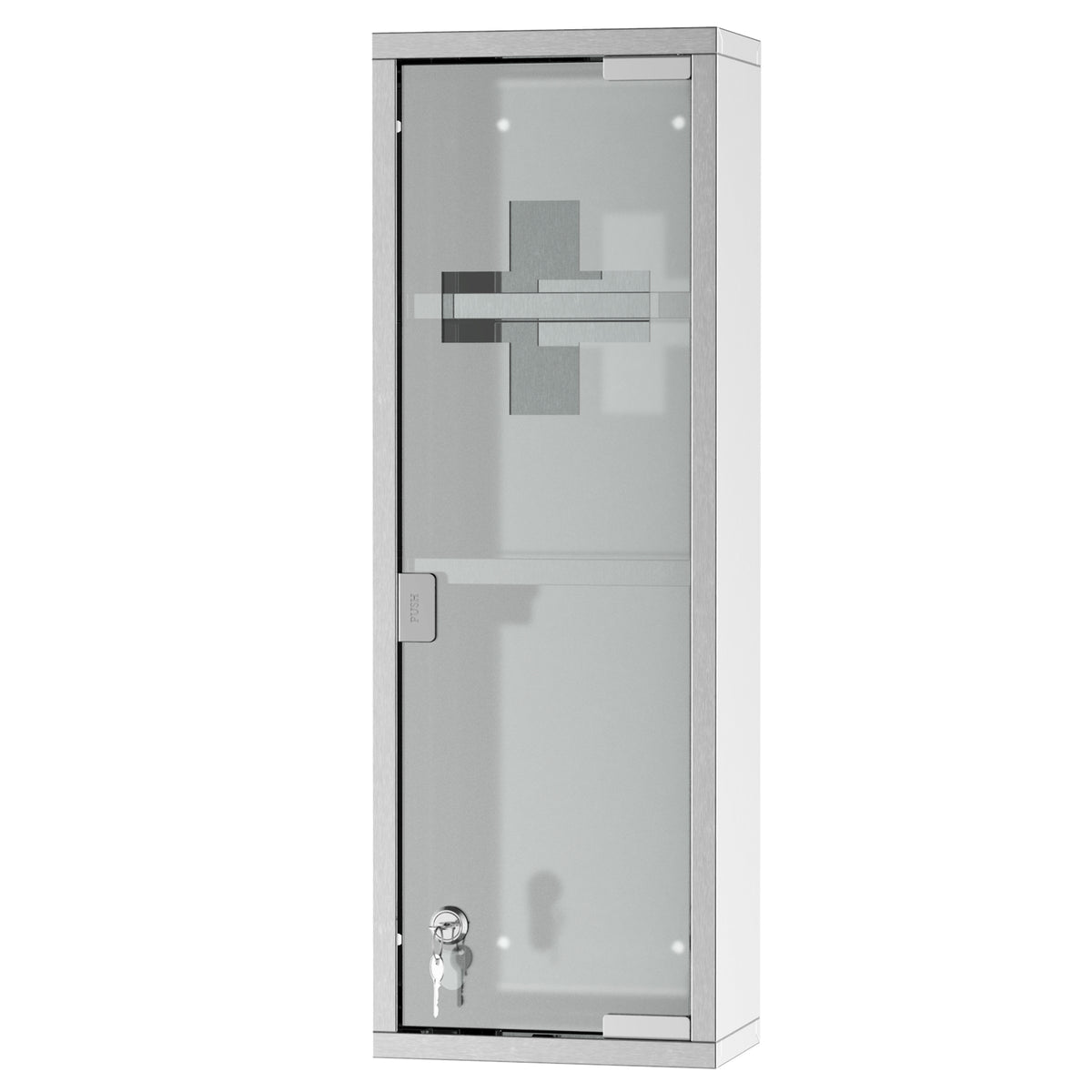 Armoire à Pharmacie 2 étagères 3 Niveaux 20L x 12l x 58H cm Porte Verre trempé Symbole Croix Acier INOX.