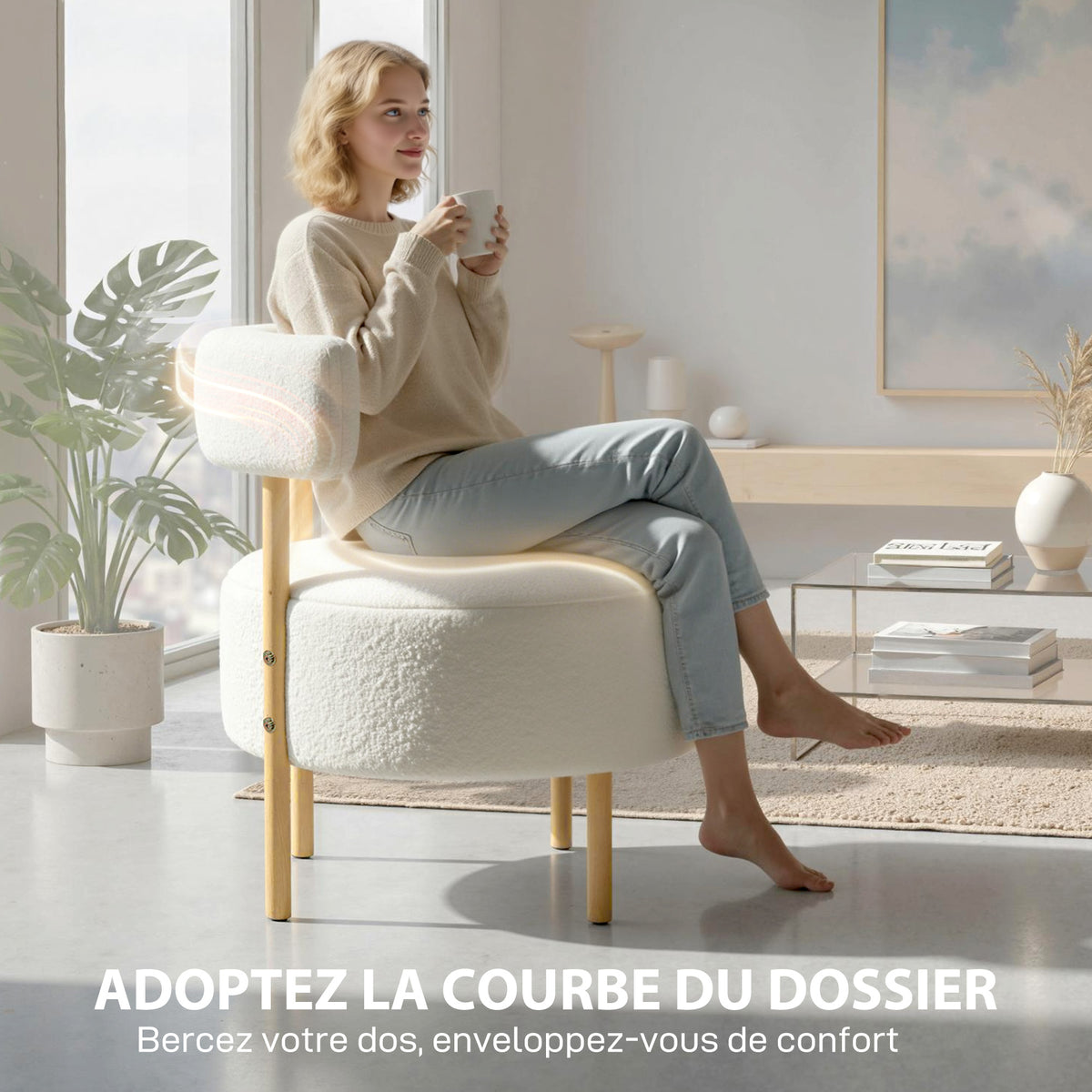 Canapé 1 place en tissu bouclette, fauteuil de salon rembourré avec dossier incurvé, assise large, 67x67x71cm, crème