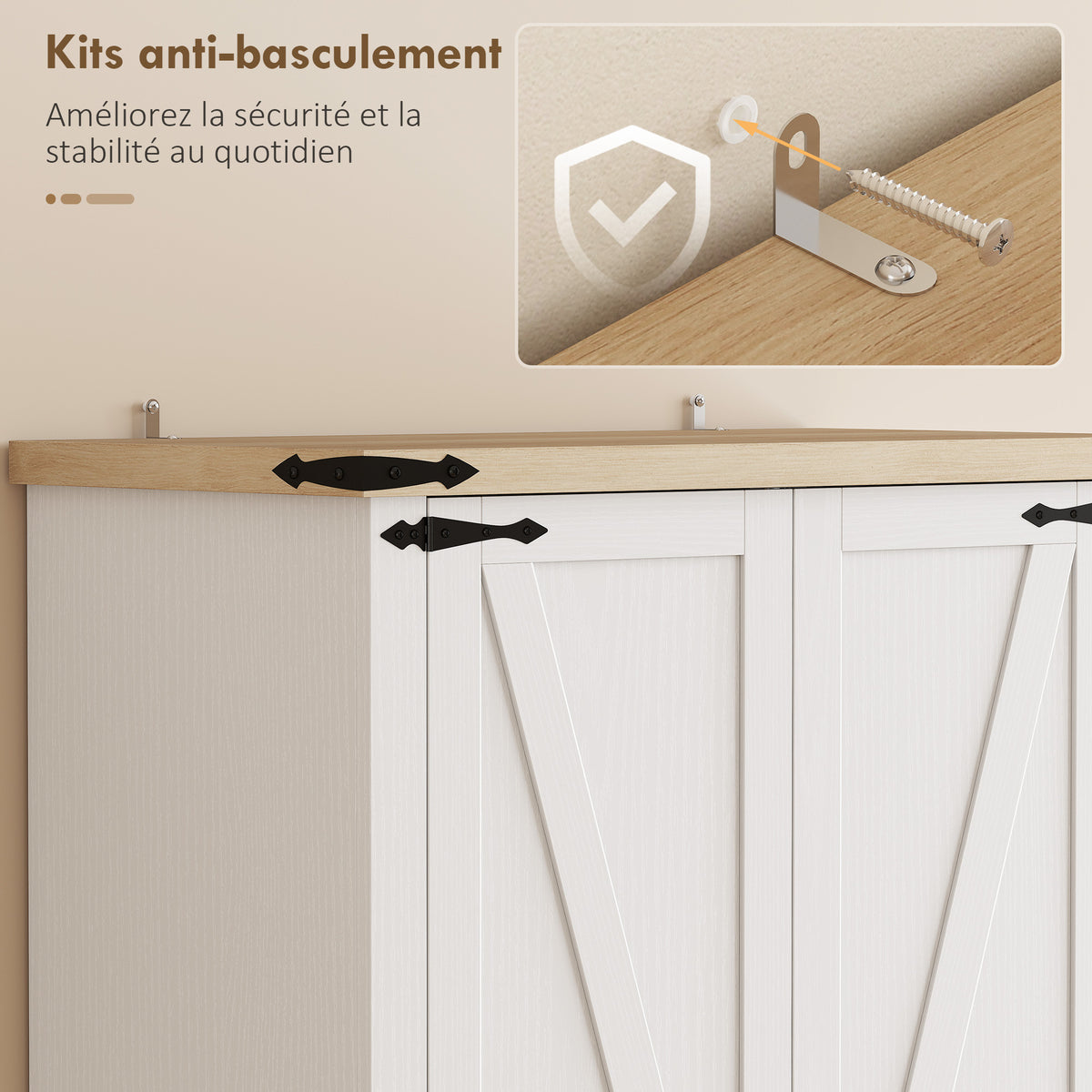 Buffet haut cuisine, armoire de cuisine avec 2 portes, 2 tiroirs, étagères réglables, style rustique, 76x40x180cm, blanc