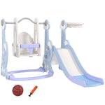 Toboggan et balançoire pour enfants 4 en 1 avec panier de basket et échelle, 147,5 x 160 x 107 cm, bleu clair