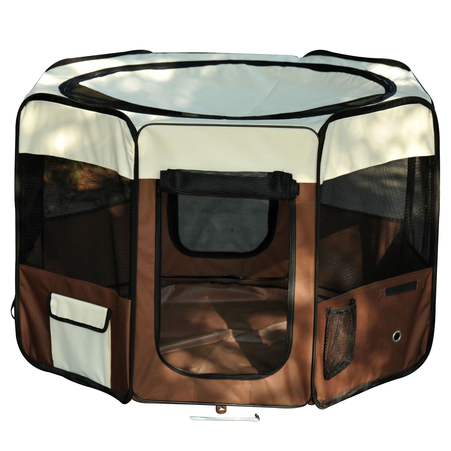 Parc enclos pliable pour chien chat petits animaux octogonal en tissu Oxford et acier Ø 90 x 41H cm marron beige