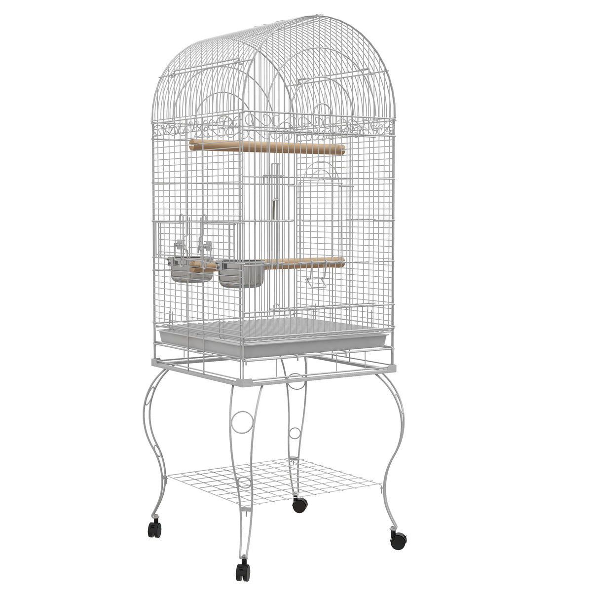 Cage à oiseaux sur roulettes avec étagère plateau amovible 2 bols perchoir acier inoxydable 51 x 51 x 153 cm blanc