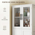 Meuble de salle de bain haut 6 niveaux, meuble de rangement avec 4 portes dont 2 vitrées et étagères réglables, blanc