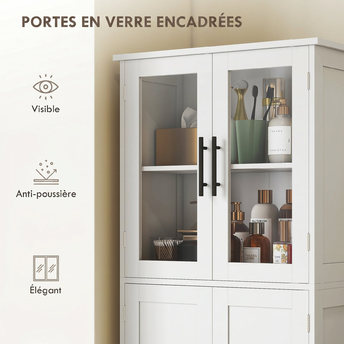 Meuble de salle de bain haut 6 niveaux, meuble de rangement avec 4 portes dont 2 vitrées et étagères réglables, blanc