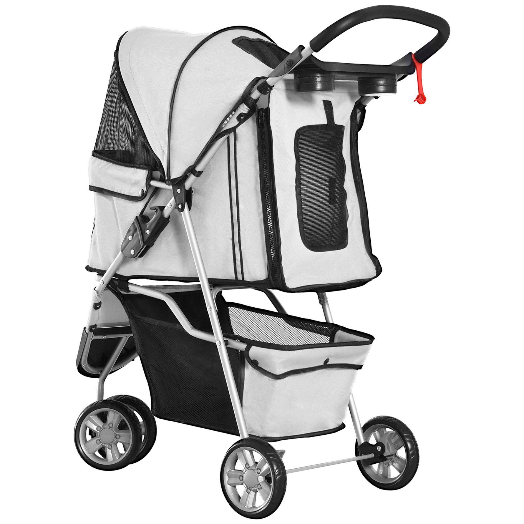 Poussette Buggy Pliable Animaux, Chariot Pliant Chien Chat, Porte-Gobelet Panier De Rangement Inclus, Roues Avec Frein, Tissu 600D Oxford Acier, 75 x 45 x 97 cm Gris
