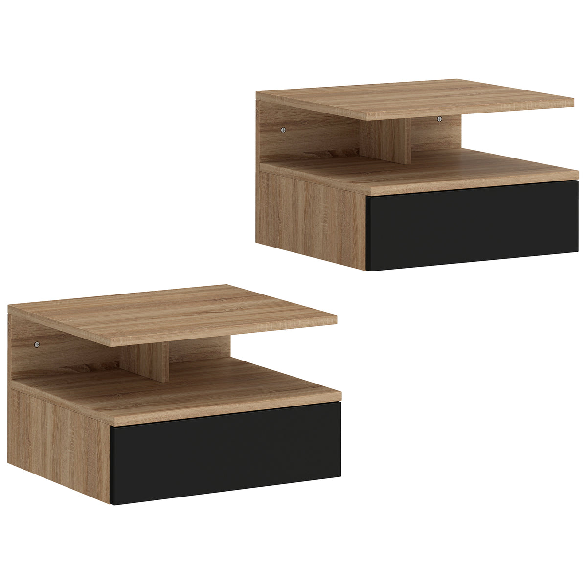 Lot de 2 tables de chevet murales, tables de nuit suspendues avec tiroir, étagère ouverte, 35x32x22,5cm, noir et chêne