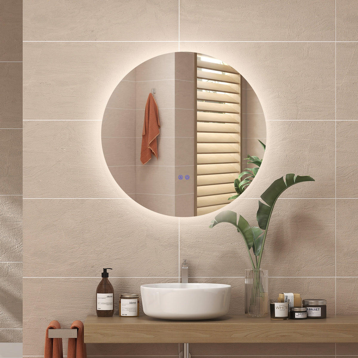 Baineko LED ispilu biribila Ø 80 cm hormakoa, argiztapena, ukipen-etengailua eta lainoaren kontrako sistemaduna