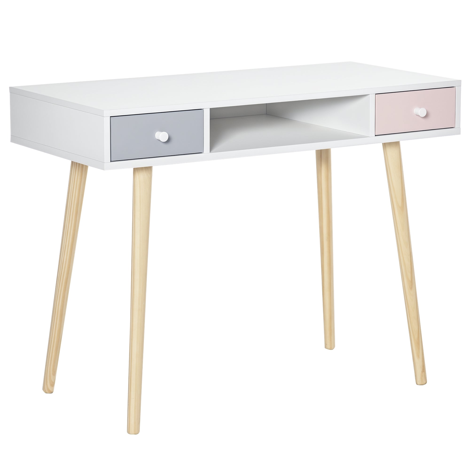 Eskandinaviar estiloko haurrentzako mahaia, tiradera eta biltegiratze-konpartimenduarekin, 100L x 48l x 76,5H cm, MDF eta pinua, zuria, grisa eta arrosa