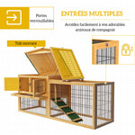 Clapier de sol cage à lapin niche supérieure avec rampe enclos extérieur porte verrouillable 150 x 52,5 x 68 cm jaune