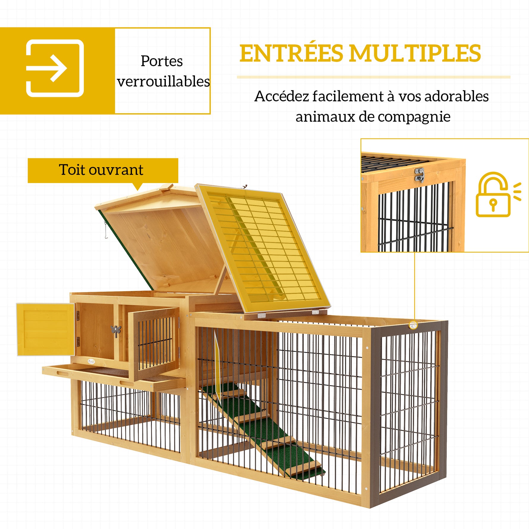 Clapier de sol cage à lapin niche supérieure avec rampe enclos extérieur porte verrouillable 150 x 52,5 x 68 cm jaune