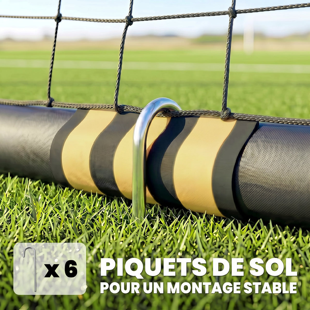 Futbol-atea babes-aparrarekin, lurreko 6 piketarekin eta PE sarearekin, 240x85x160cm, horia