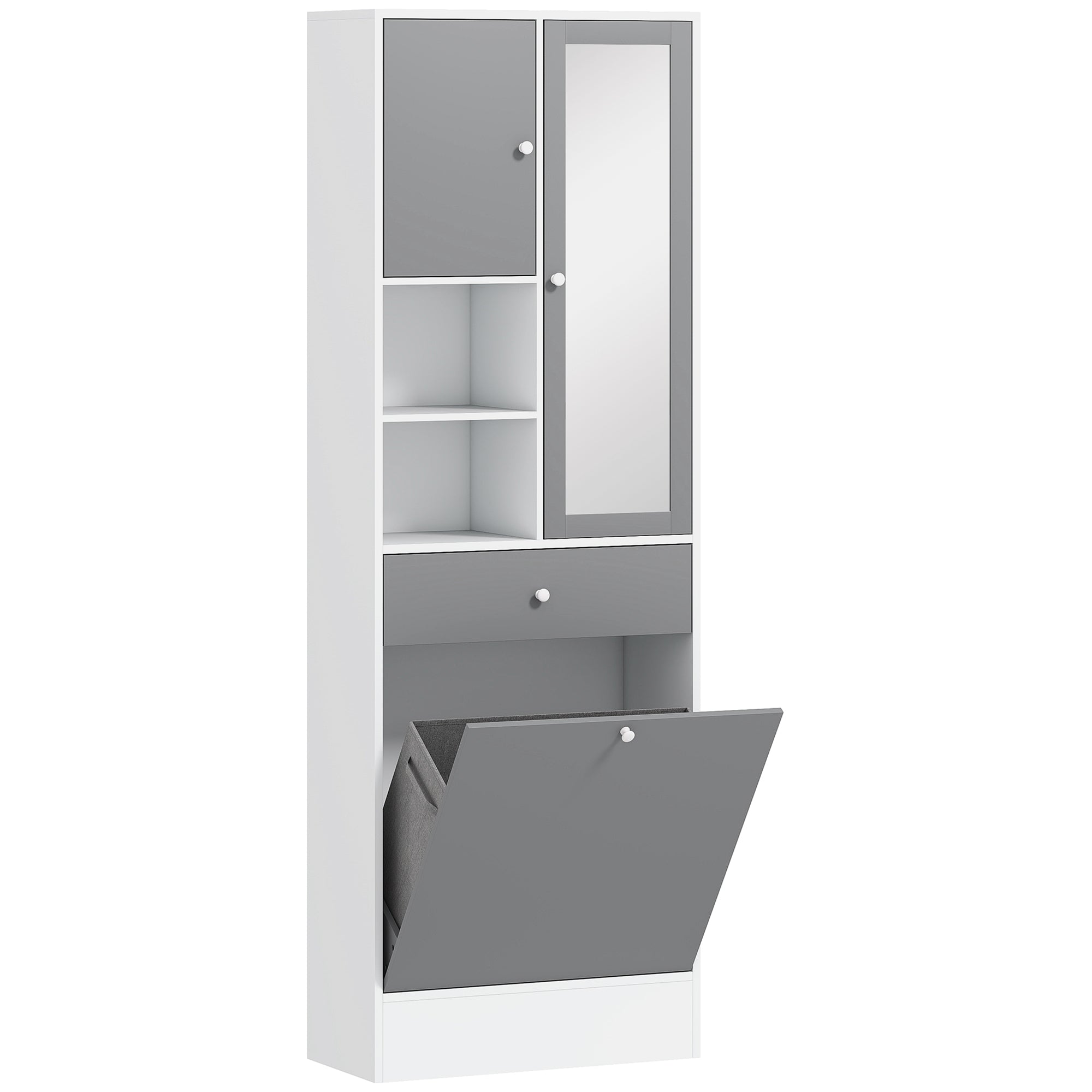 Meuble de salle de bain avec panier à linge et miroir étagère réglable 62 x 28,3 x 181 cm gris et blanc