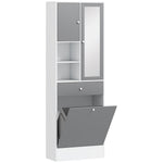 Meuble de salle de bain avec panier à linge et miroir étagère réglable 62 x 28,3 x 181 cm gris et blanc