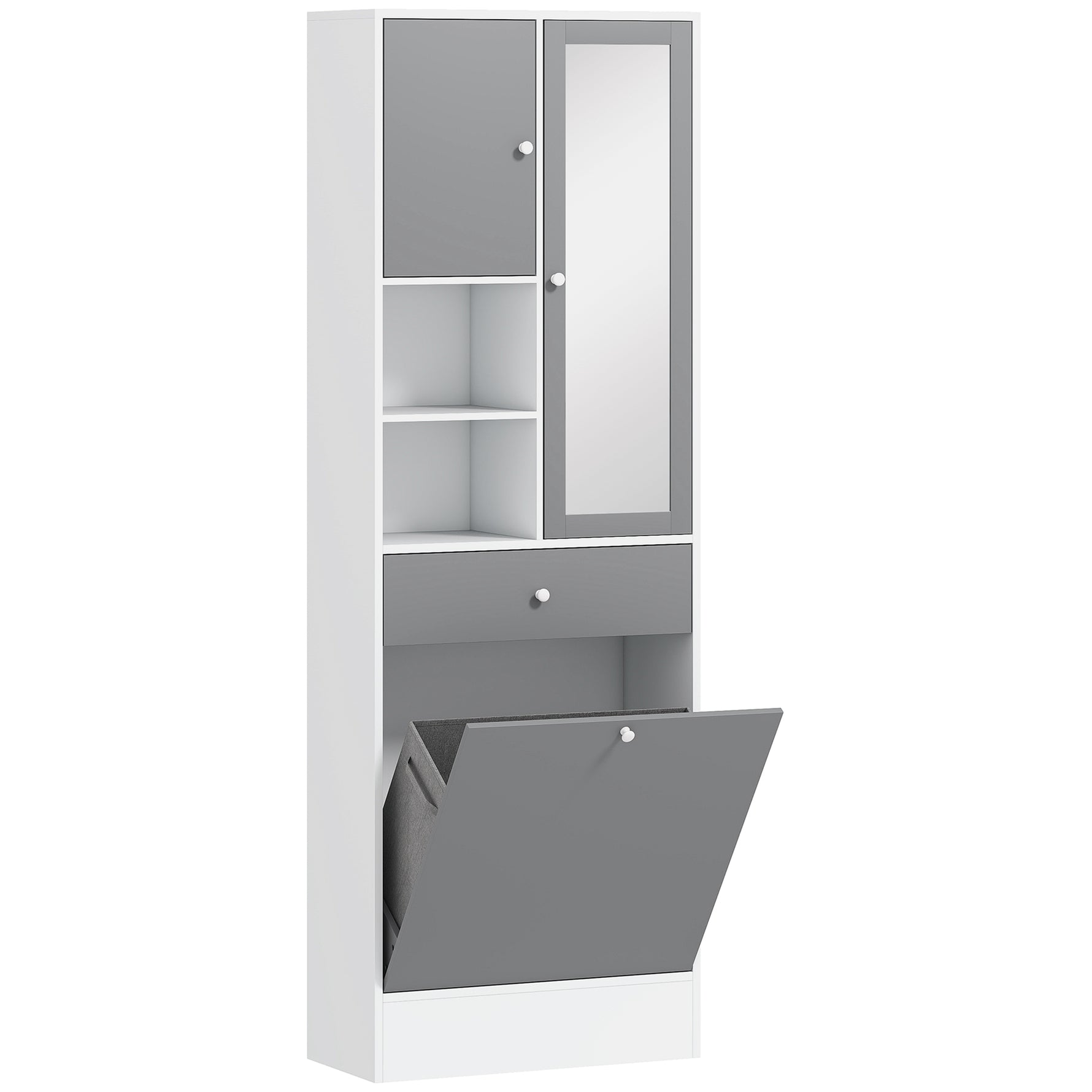 Meuble de salle de bain avec panier à linge et miroir étagère réglable 62 x 28,3 x 181 cm gris et blanc