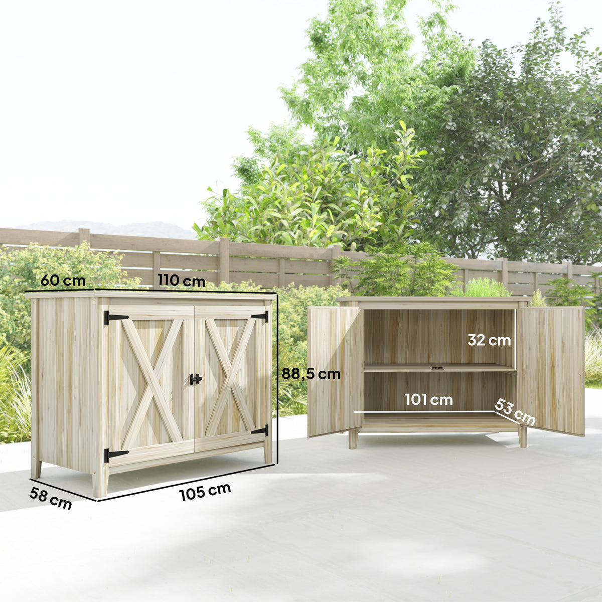 Armoire de jardin en bois, placard de jardin en bois avec étagères et double portes, 110 x 60 x 88,5 cm, bois naturel