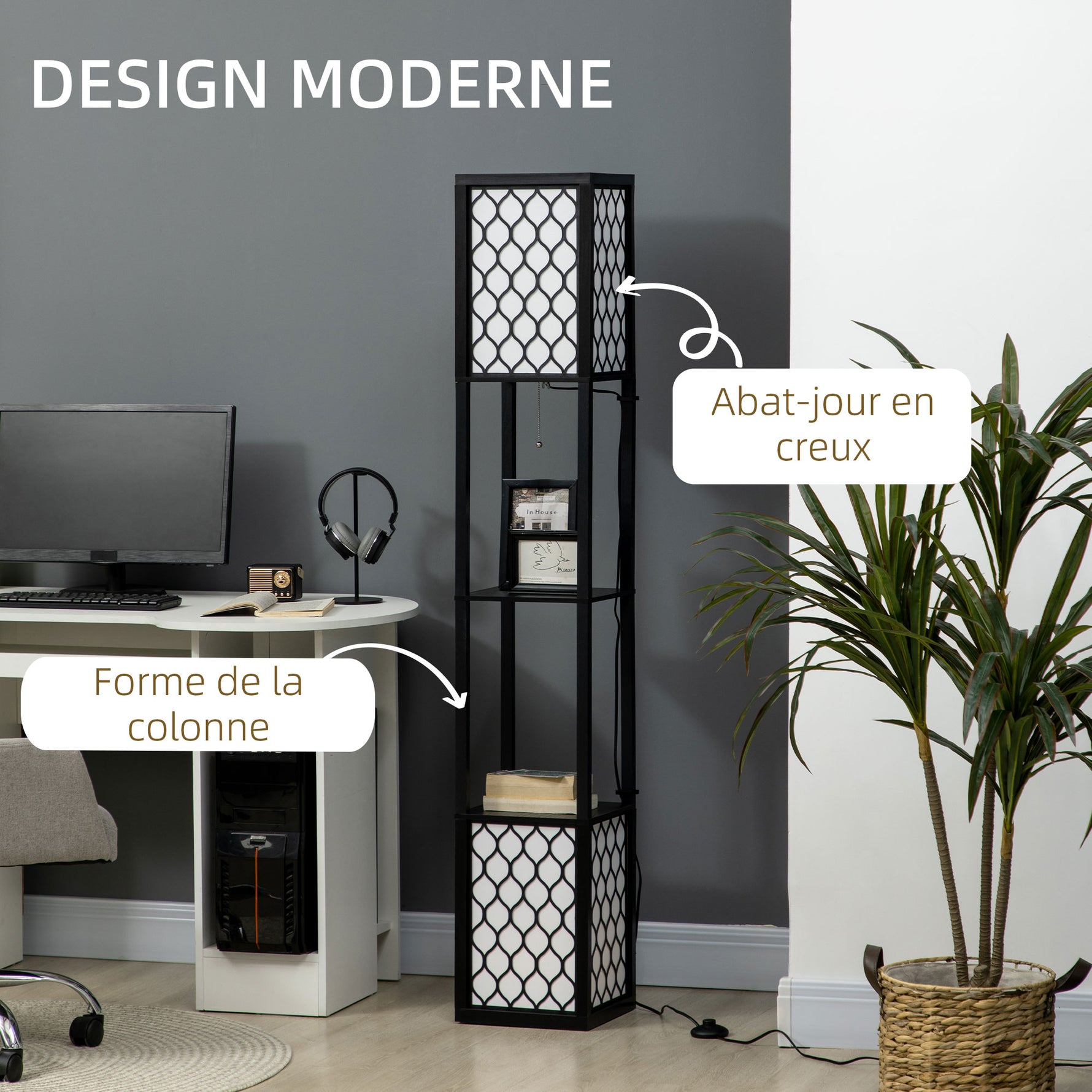 Lampadaire étagère 2 lampes 2 étagères 4 niveaux MDF noir motif nid d'abeille 26 x 26 x 156 cm noir