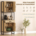 Buffet Haut Cuisine, Armoire de Cuisine, 4 Portes à Fermeture Douce, Tiroir, Plan de Travail, 60x30x170cm, Bois Naturel