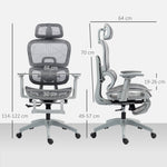 Fauteuil de bureau, chaise de bureau ergonomique en maille avec accoudoirs 3D, dossier inclinable, 66x64x122 cm, gris