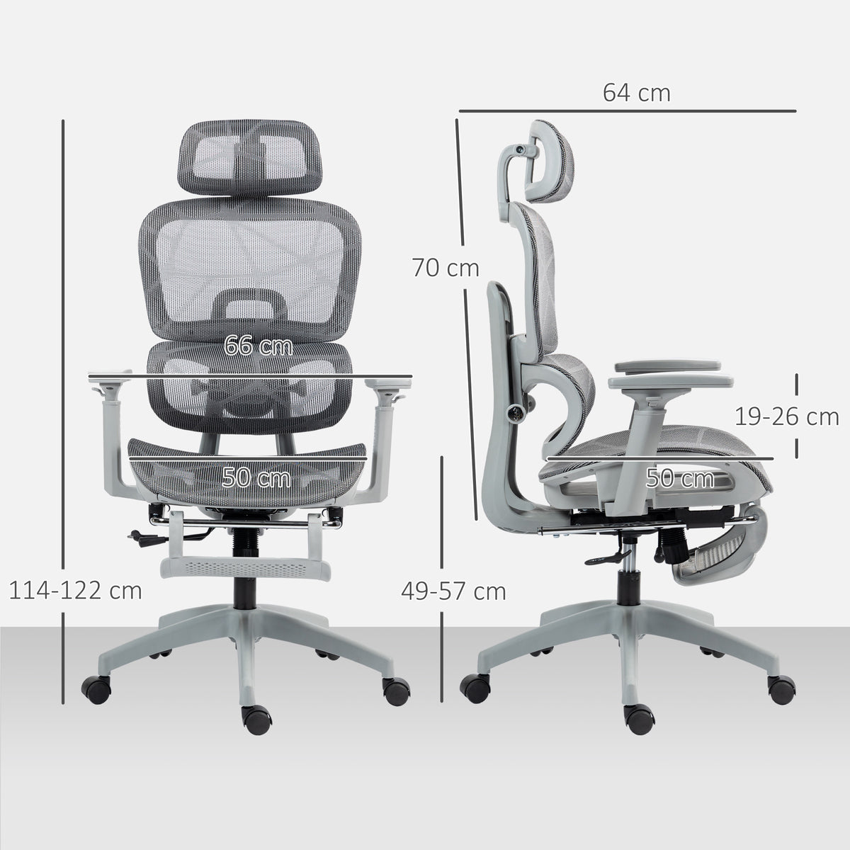 Fauteuil de bureau, chaise de bureau ergonomique en maille avec accoudoirs 3D, dossier inclinable, 66x64x122 cm, gris