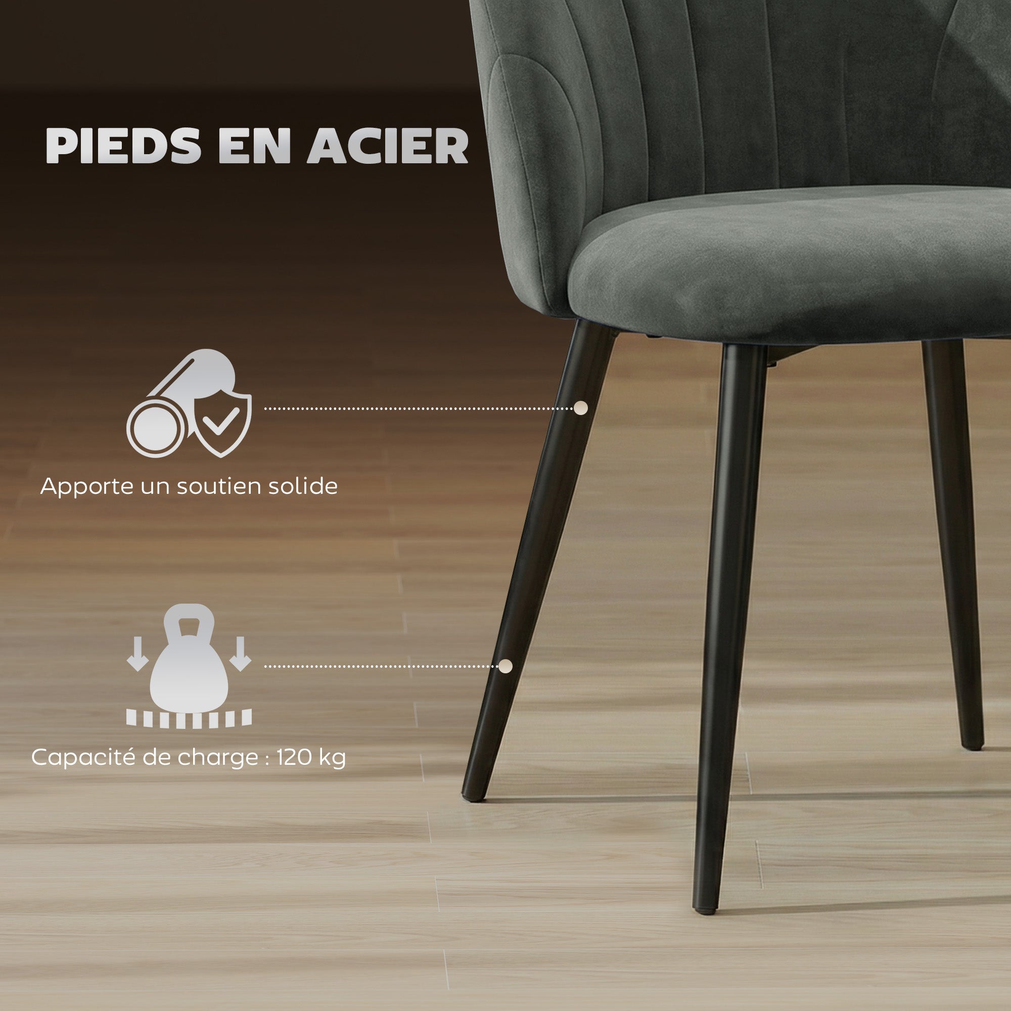 Lot de 2 chaises de salle à manger, chaises de cuisine rembourrées sans accoudoirs, pieds en acier, 52x55x79cm, gris