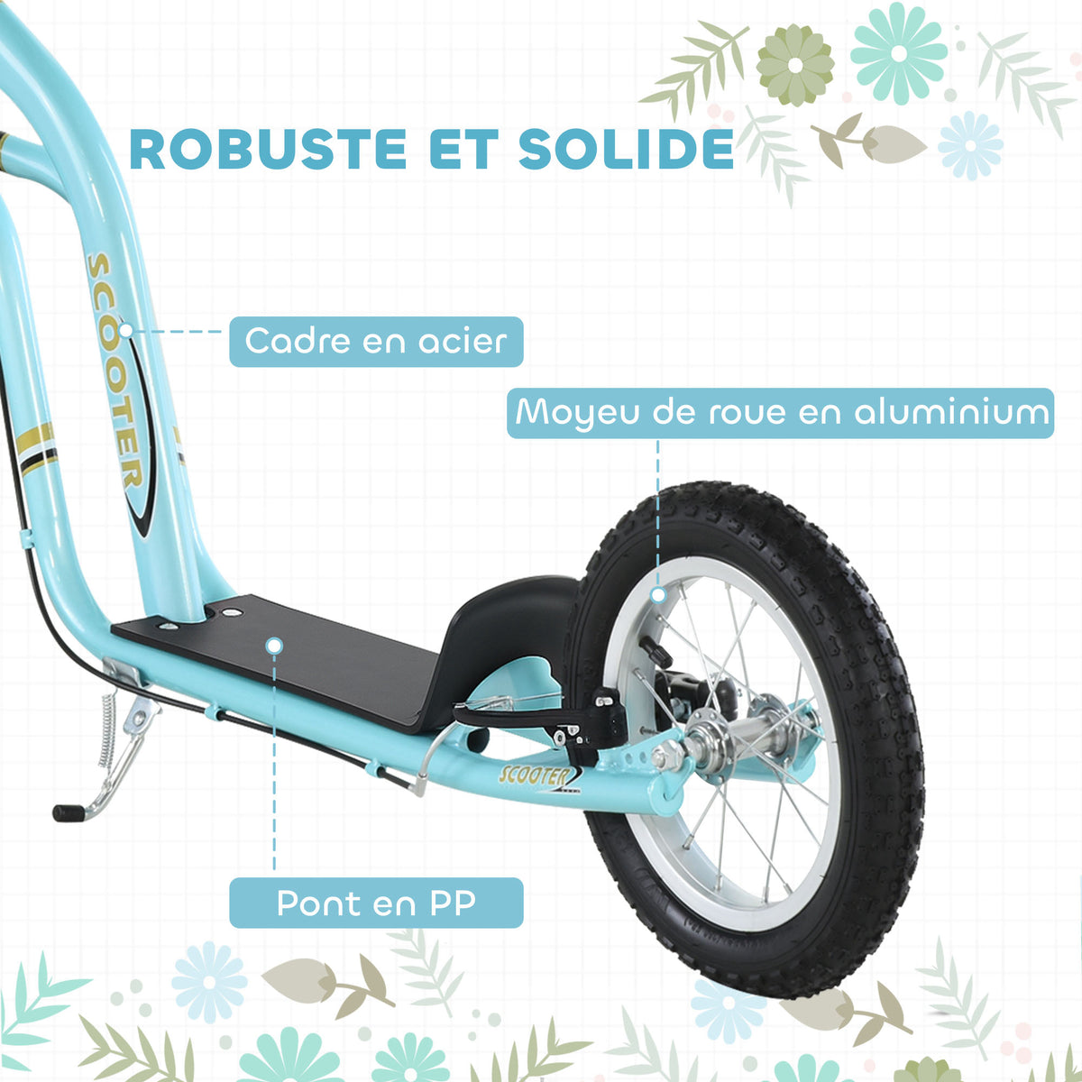 Trottinette pour enfants 5 à 12 ans 2 roues, patinette enfant avec hauteur réglable 120 x 58 x 85-95 cm bleu