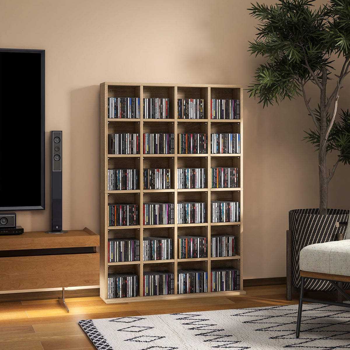 Meuble de rangement multimédia 456 CD/ 336 DVD - bibliothèque en bois avec étagères réglables 89 x 130,5 cm bois naturel