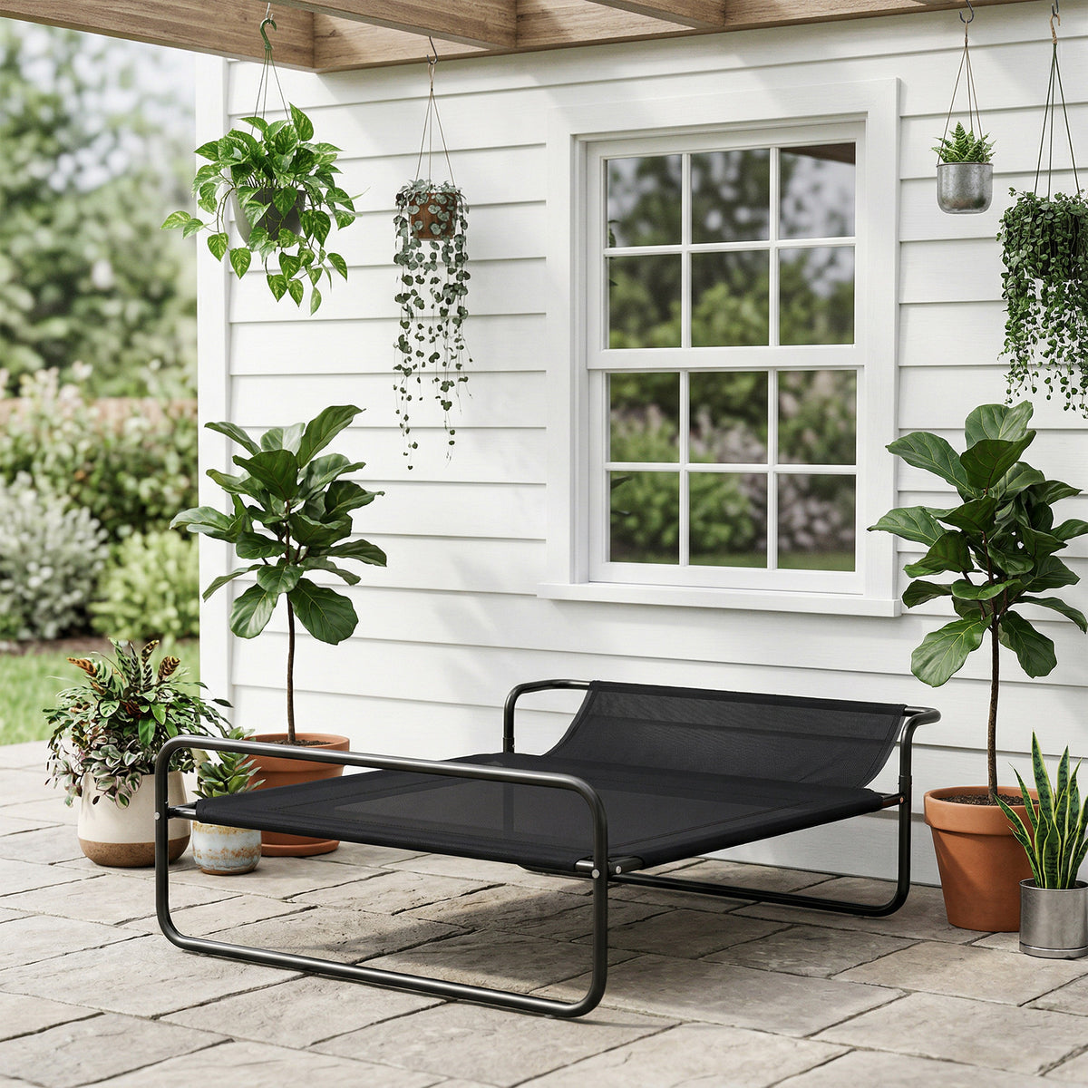 Lettino rialzato per cani e animali domestici con poggiatesta in tessuto microforato 106 x 81 x 33 cm nero
