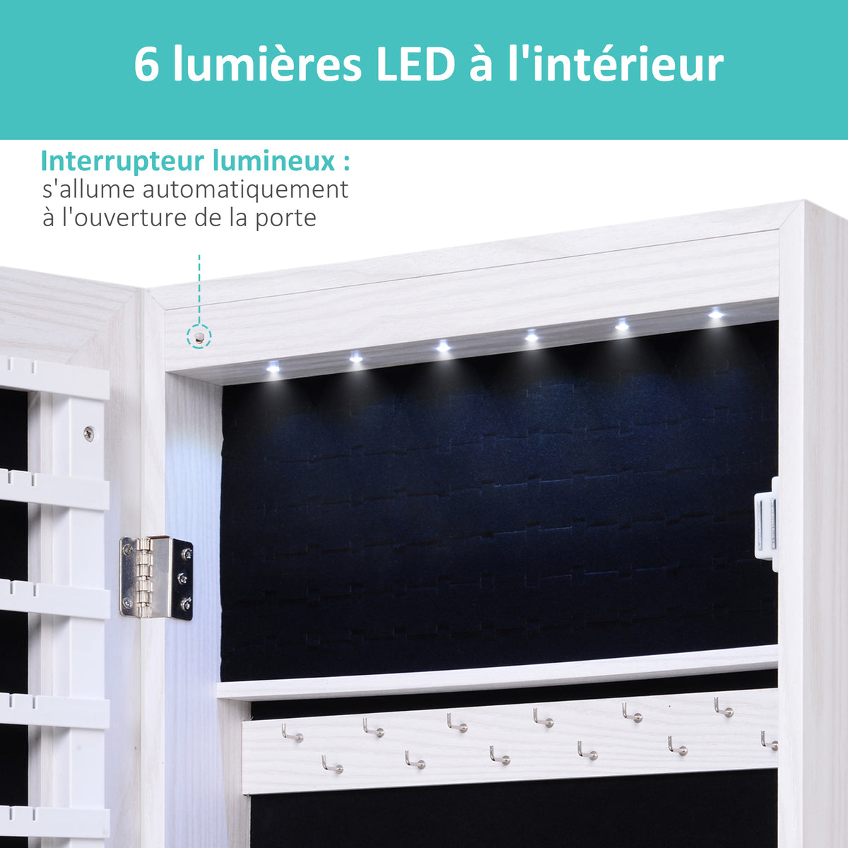 Armoire à bijoux suspendue au mur ou à la porte avec miroir, LED, 5 étagères, 2 tiroirs, 37x10x120cm, effet bois grisé
