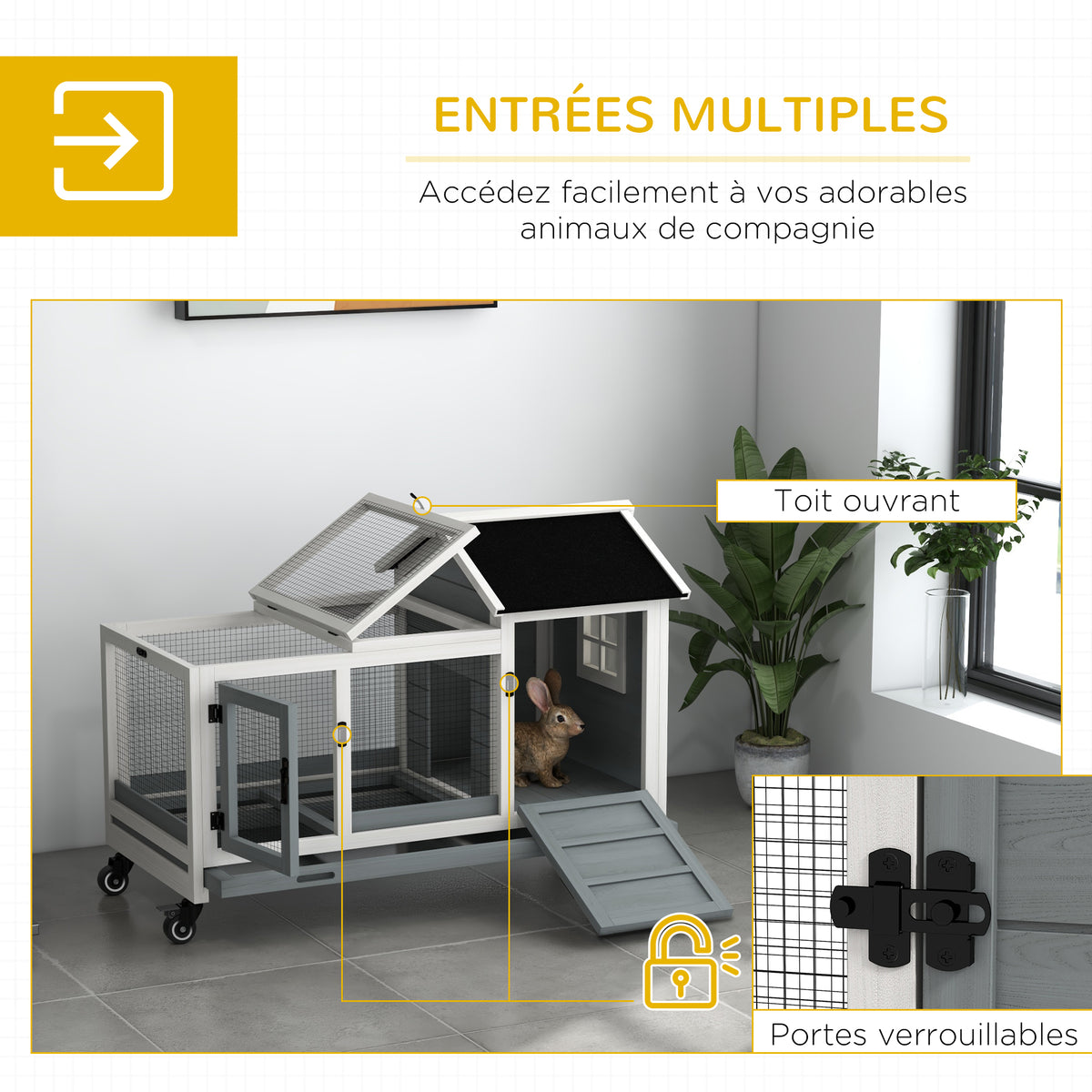 Clapier cage à lapins rongeurs sur roulettes 2 portes verrouillables - dim. 108L x 58l x 73,5H cm - bois massif